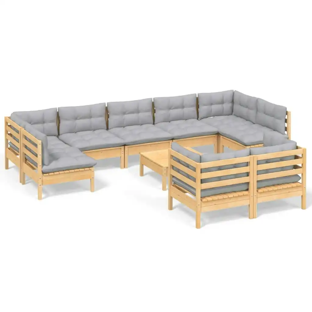 10 Piece Garden Lounge Set with Grey Cushions Solid Pinewood 3097252