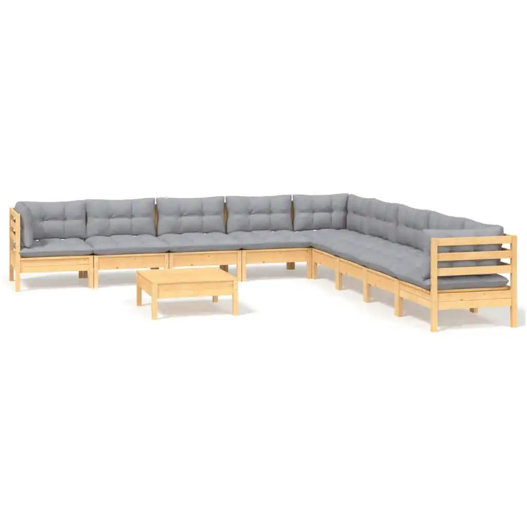 10 Piece Garden Lounge Set with Grey Cushions Solid Pinewood 3096820