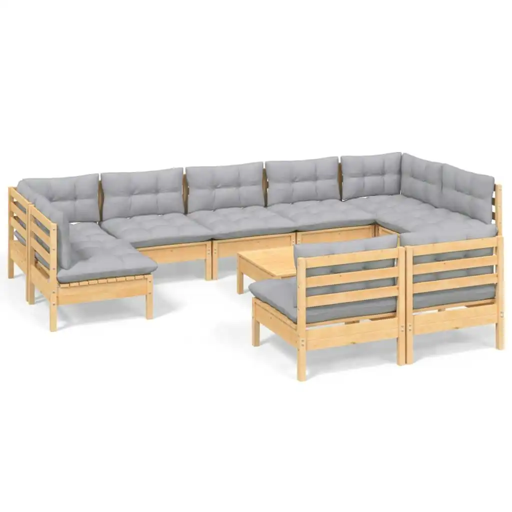 10 Piece Garden Lounge Set with Grey Cushions Solid Pinewood 3097204