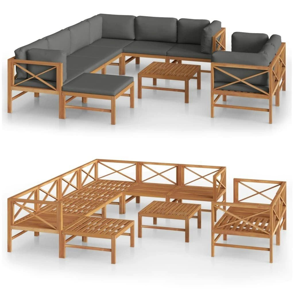 10 Piece Garden Lounge Set with Grey Cushions Solid Teak Wood 3087227