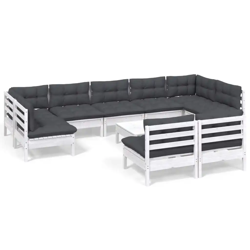 10 Piece Garden Lounge Set with Cushions White Solid Pinewood 3097206