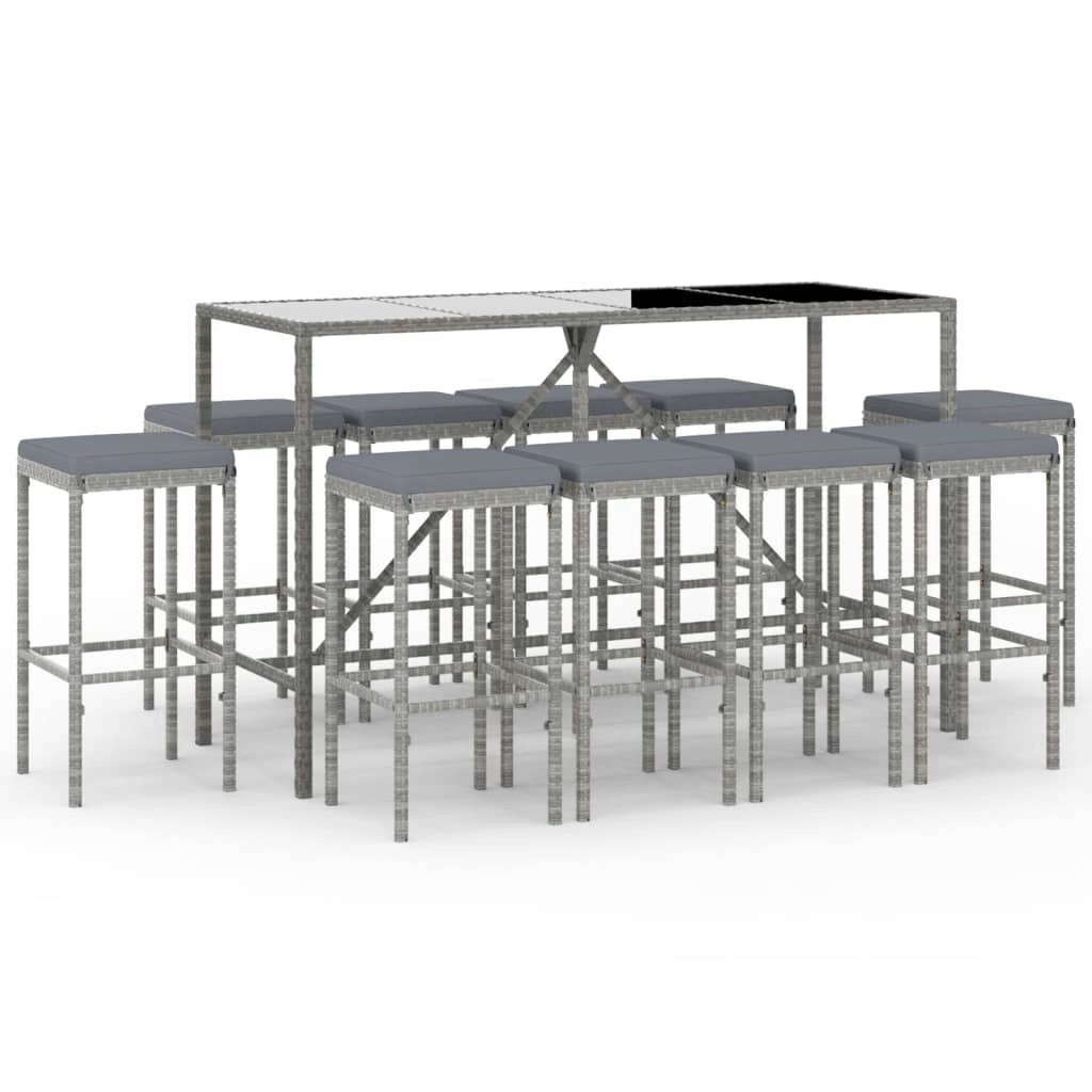 11 Piece Garden Bar Set with Cushions Grey Poly Rattan 3187640