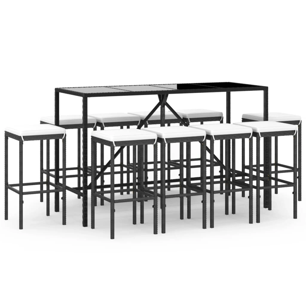 11 Piece Garden Bar Set with Cushions Black Poly Rattan 3187639