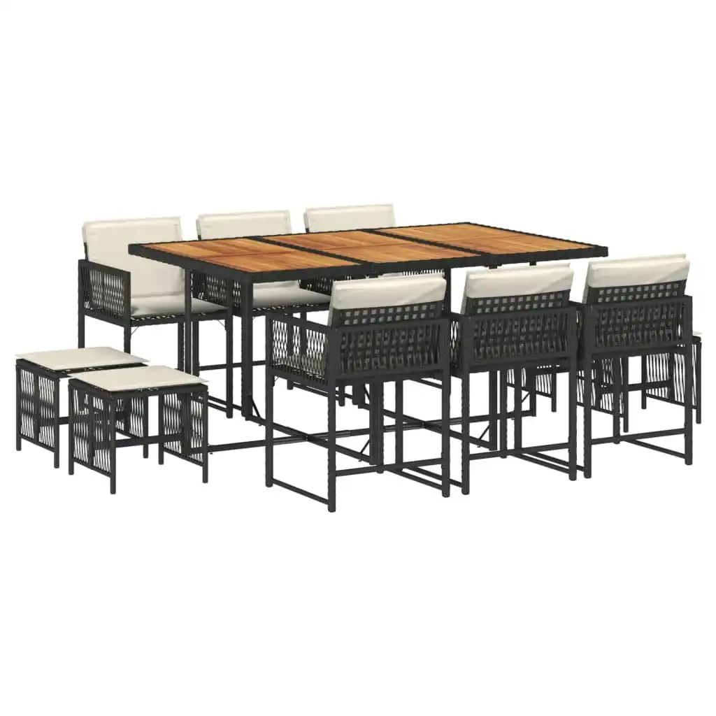 11 Piece Garden Dining Set with Cushions Black Poly Rattan 3211515