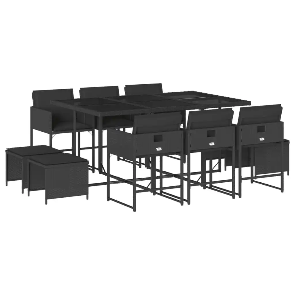 11 Piece Garden Dining Set with Cushions Black Poly Rattan 3211327