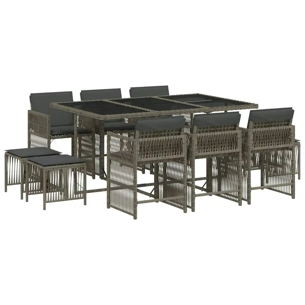 11 Piece Garden Dining Set with Cushions Grey Poly Rattan 3211688