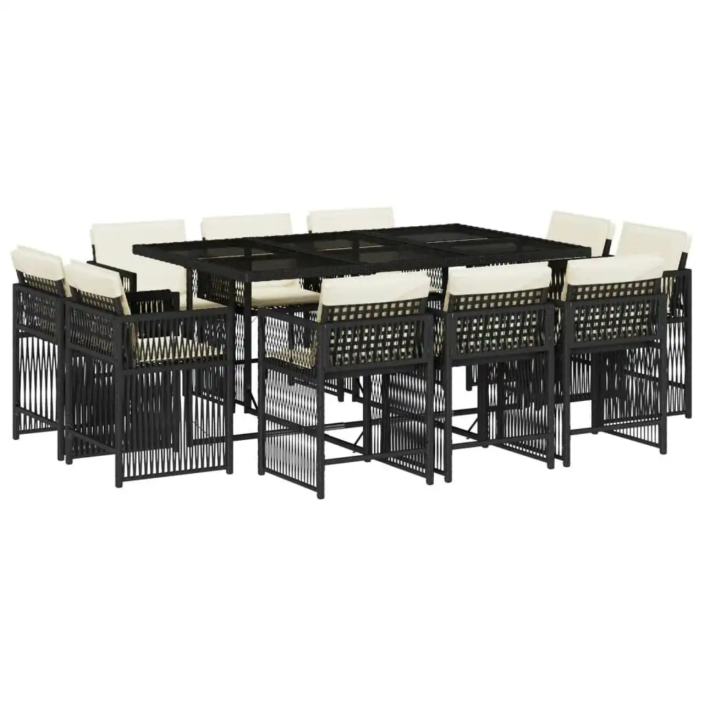 11 Piece Garden Dining Set with Cushions Black Poly Rattan 3211746