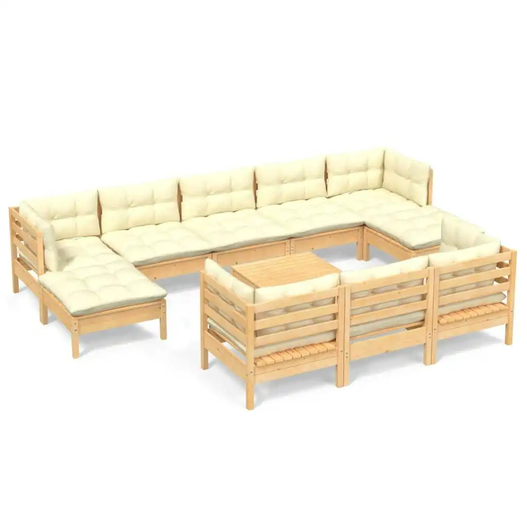 11 Piece Garden Lounge Set with Cream Cushions Solid Pinewood 3097145