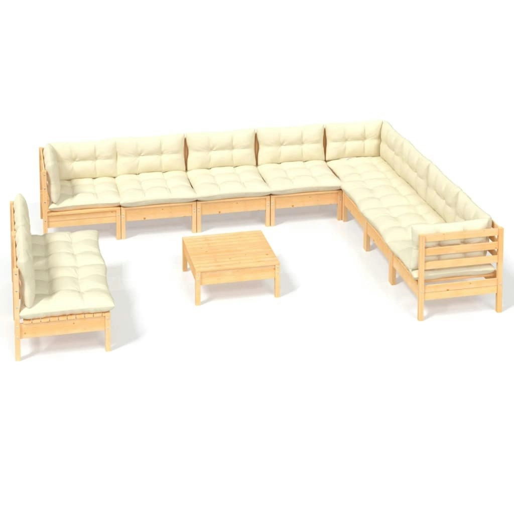 11 Piece Garden Lounge Set with Cream Cushions Solid Pinewood 3096845