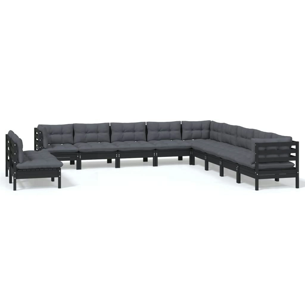 11 Piece Garden Lounge Set with Cushions Black Solid Pinewood 3096855