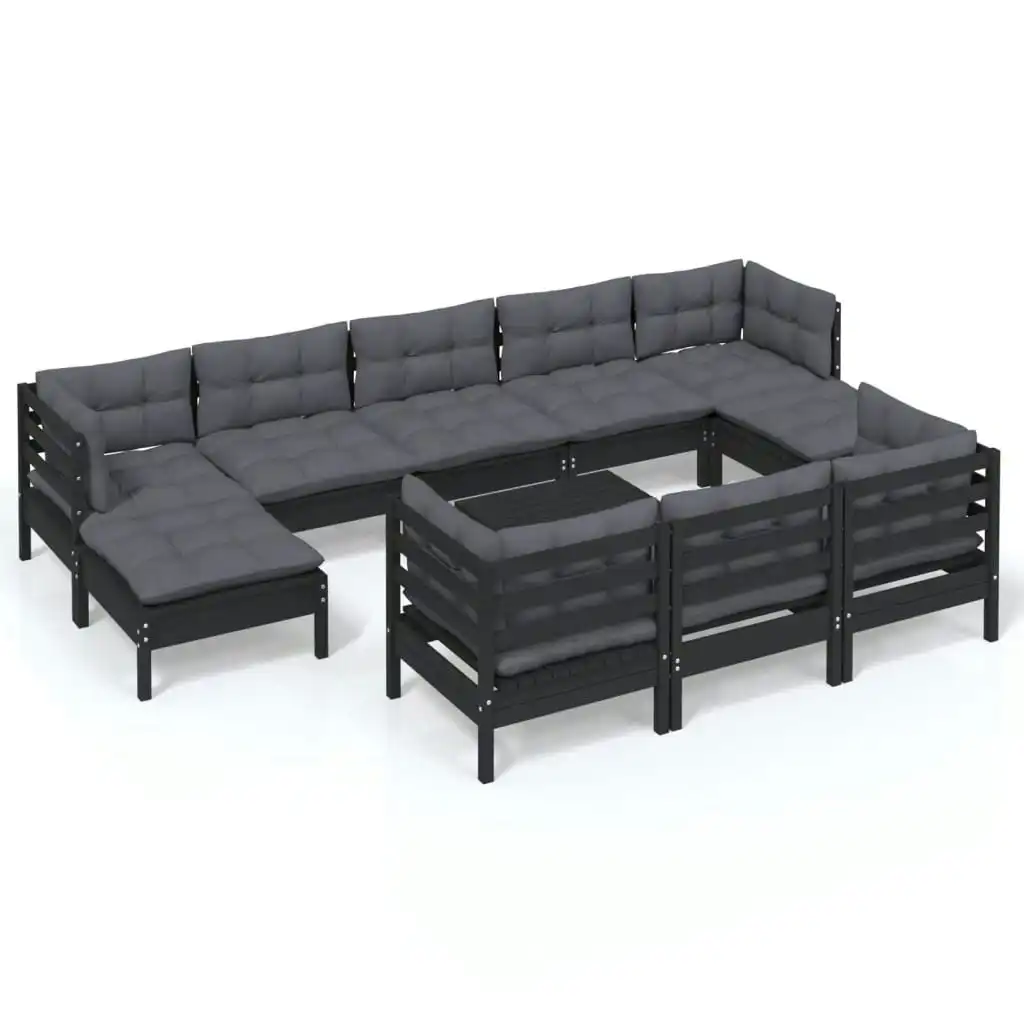 11 Piece Garden Lounge Set with Cushions Black Solid Pinewood 3097149