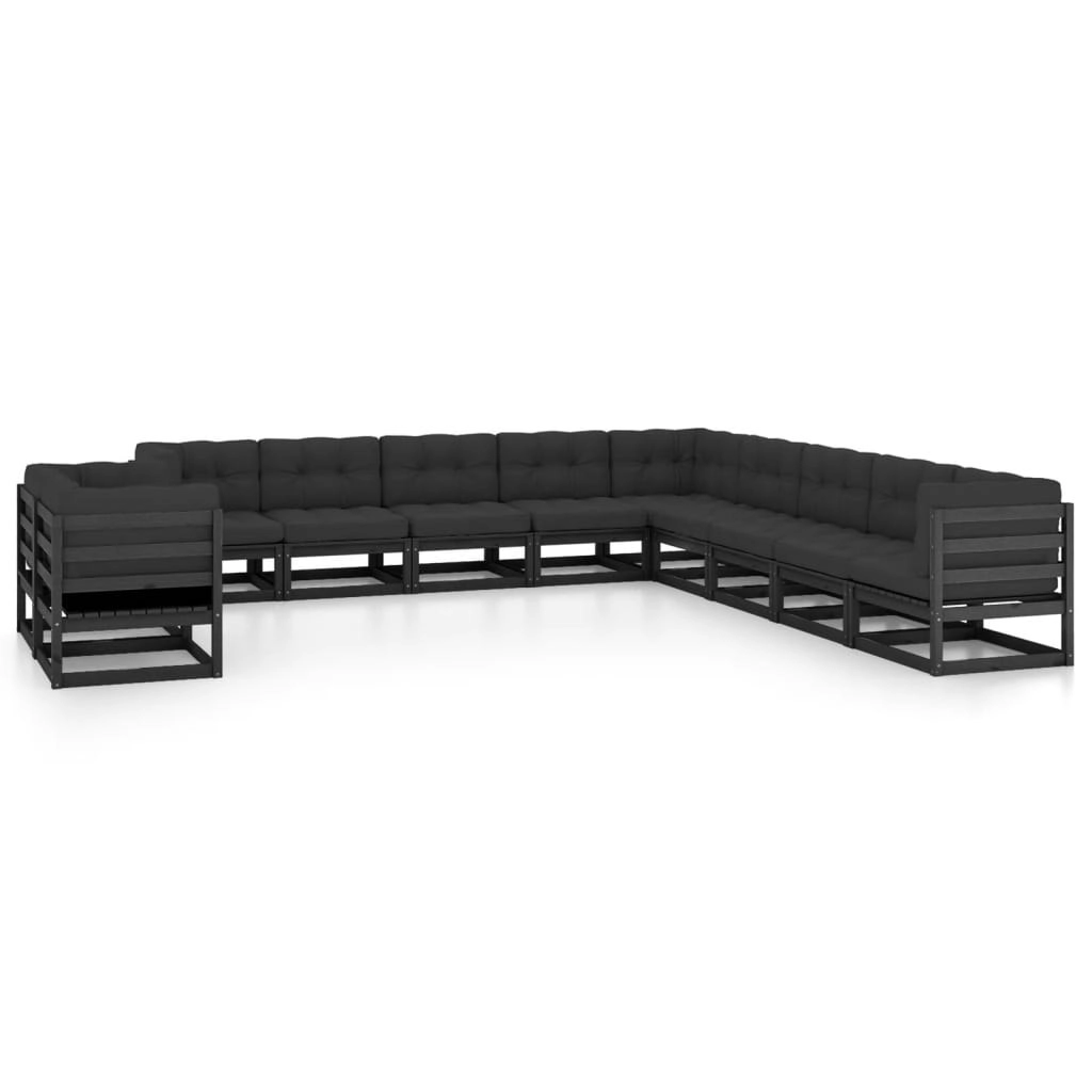 11 Piece Garden Lounge Set with Cushions Black Solid Pinewood 3076988