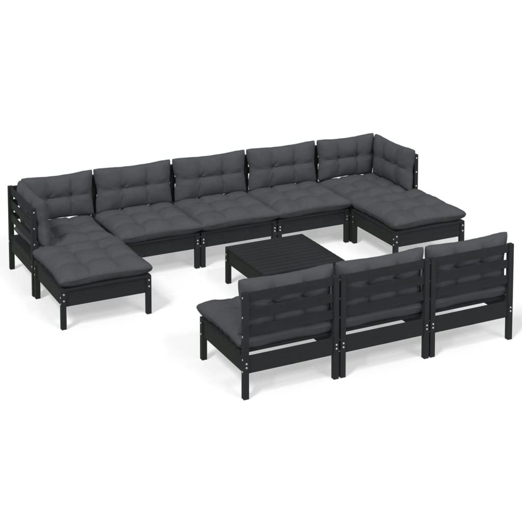 11 Piece Garden Lounge Set with Cushions Black Pinewood 3097125