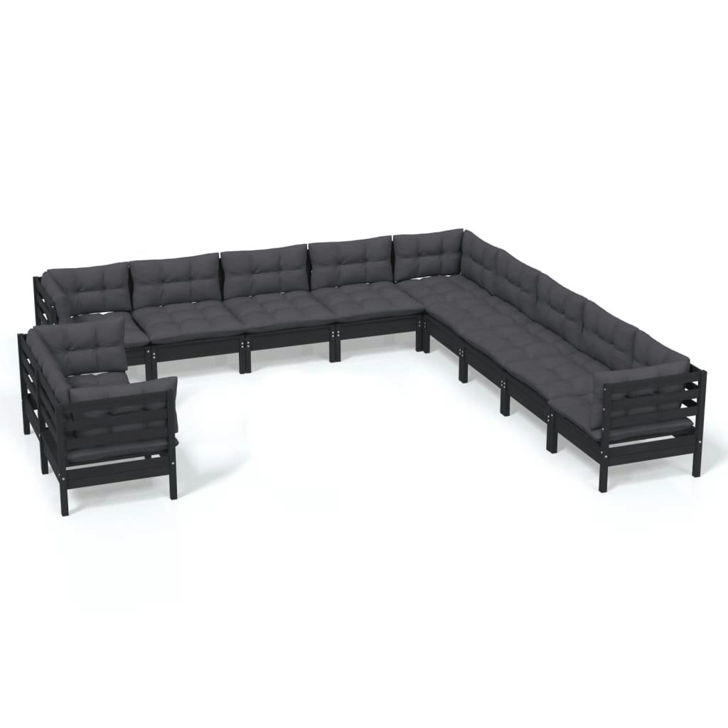 11 Piece Garden Lounge Set with Cushions Black Solid Pinewood 3096927