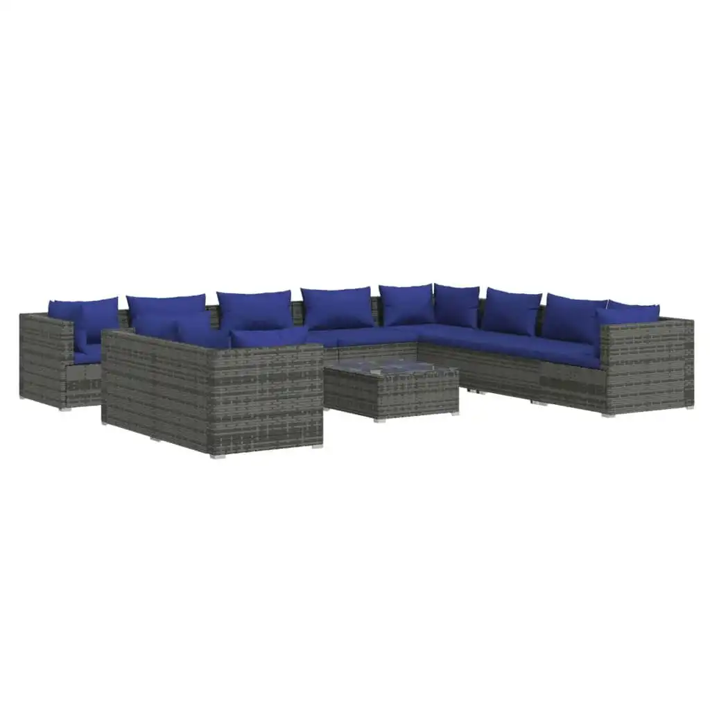 11 Piece Garden Lounge Set with Cushions Grey Poly Rattan 3102526