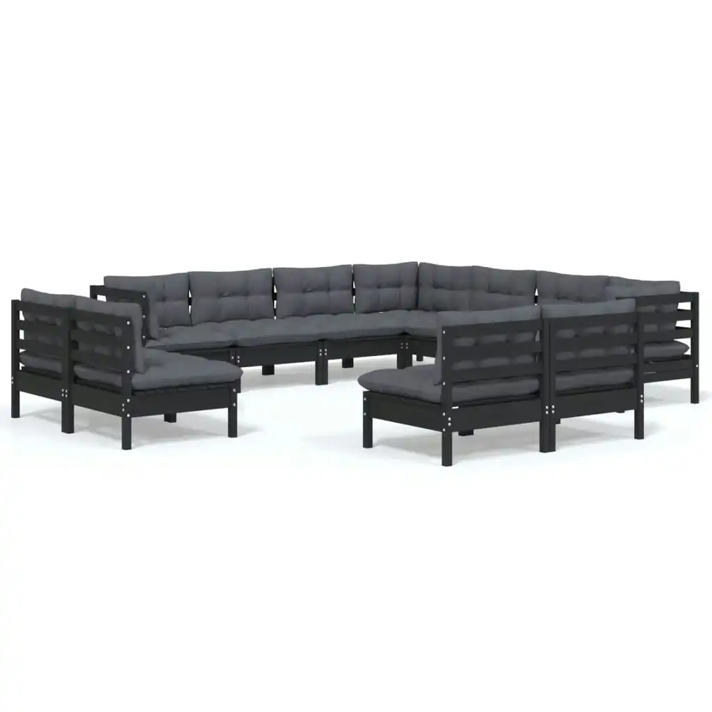 11 Piece Garden Lounge Set with Cushions Black Solid Pinewood 3096867