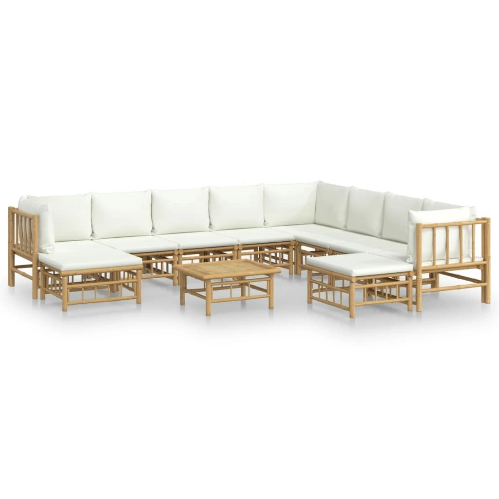 11 Piece Garden Lounge Set with Cream White Cushions  Bamboo 3155193