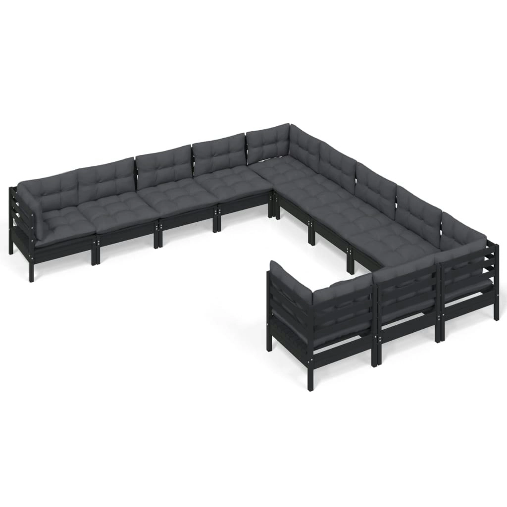 11 Piece Garden Lounge Set with Cushions Black Pinewood 3097023