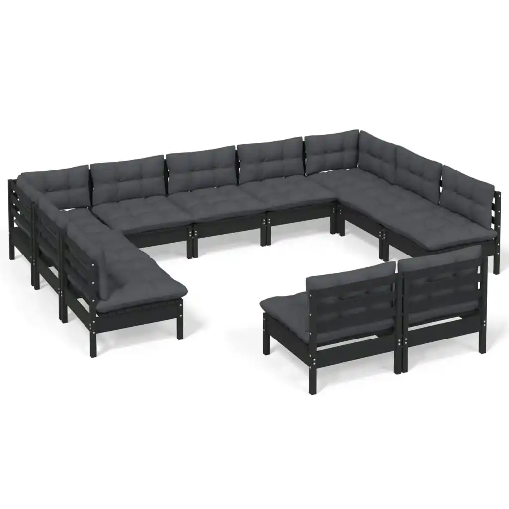 11 Piece Garden Lounge Set with Cushions Black Solid Pinewood 3097215