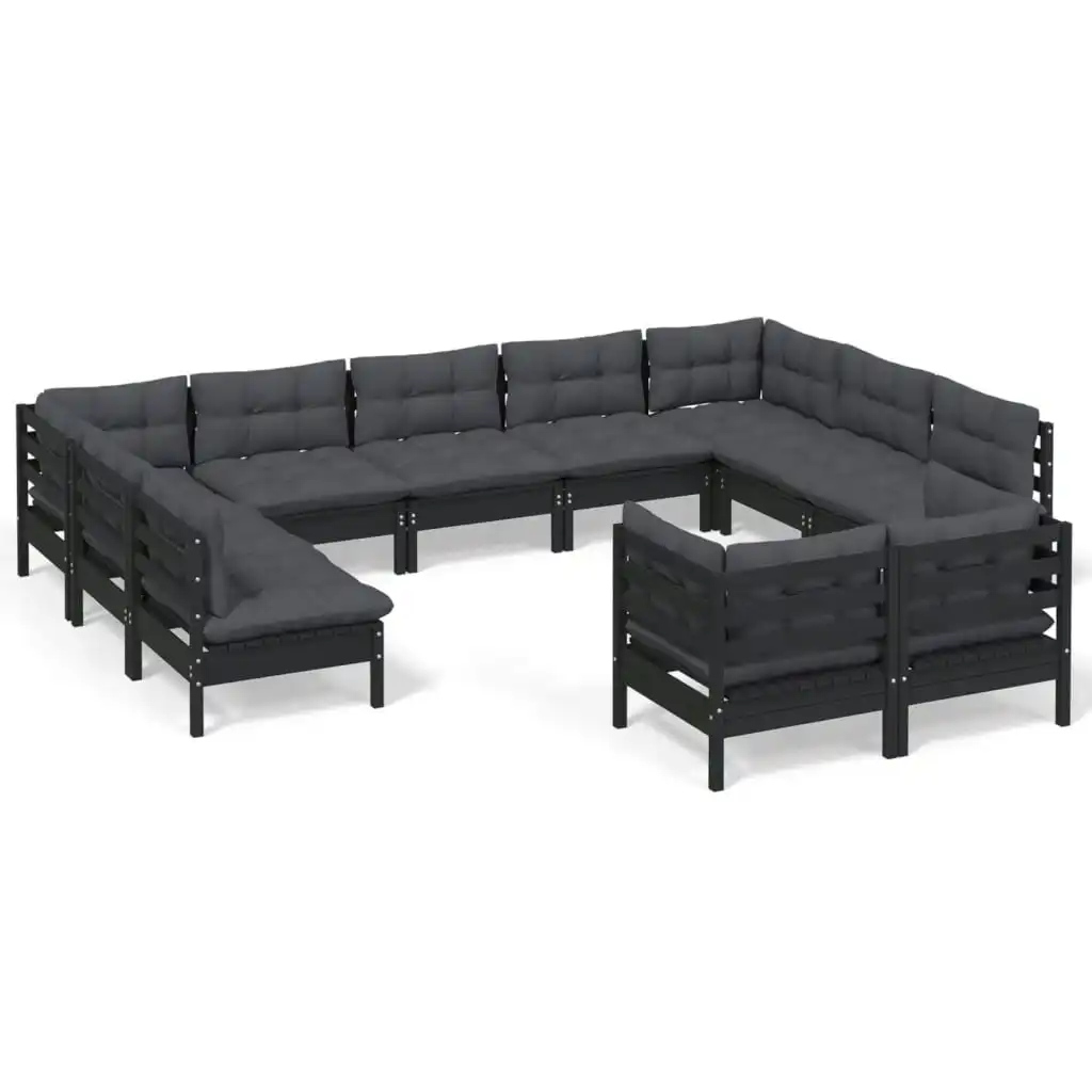 11 Piece Garden Lounge Set with Cushions Black Solid Pinewood 3097263