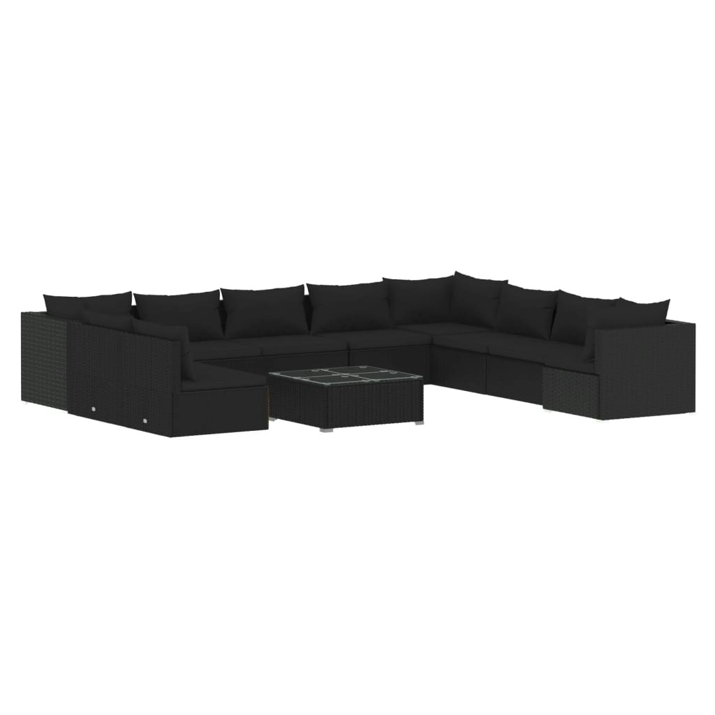 11 Piece Garden Lounge Set with Cushions Black Poly Rattan 3102440