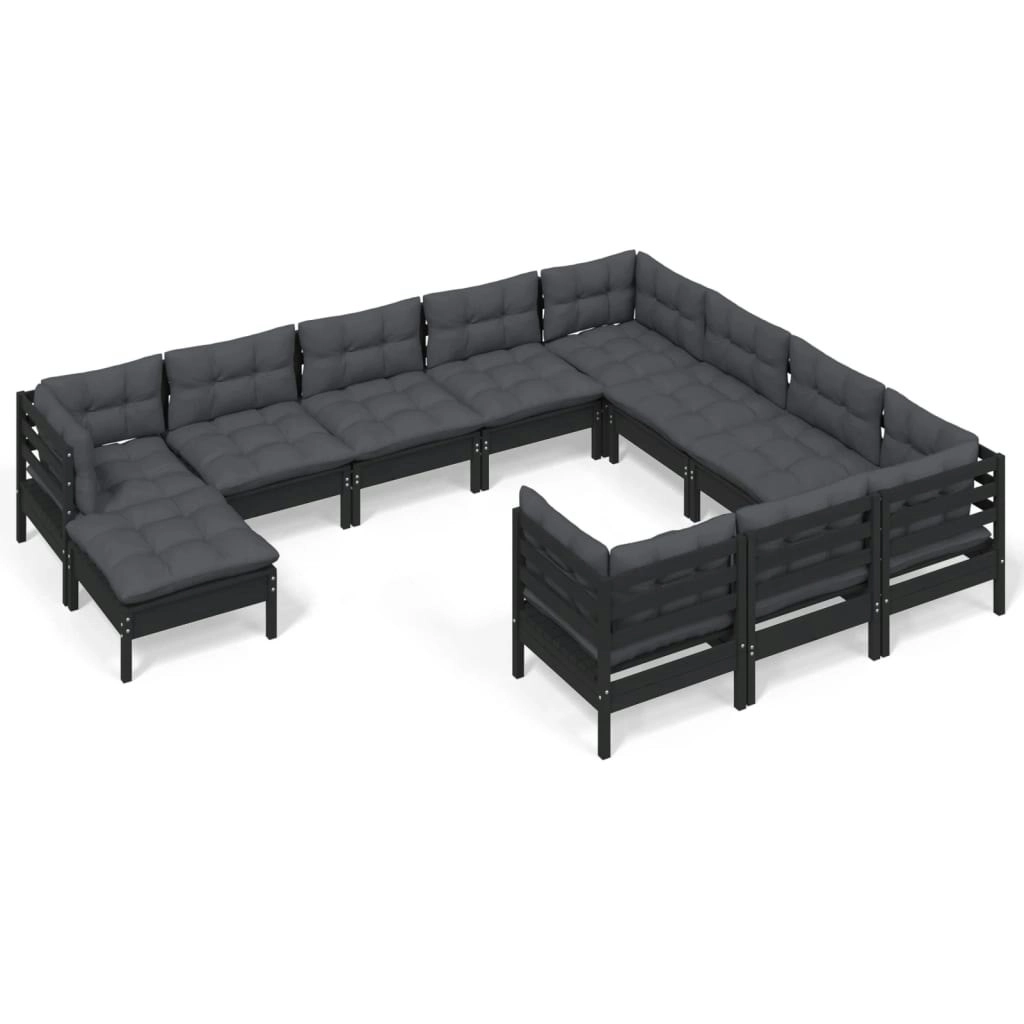 11 Piece Garden Lounge Set with Cushions Black Pinewood 3097047