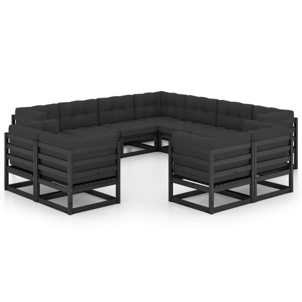 11 Piece Garden Lounge Set with Cushions Black Solid Pinewood 3076998