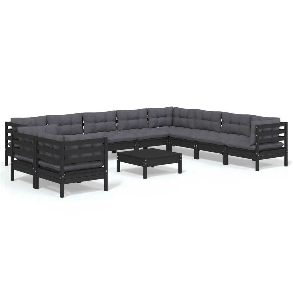 11 Piece Garden Lounge Set with Cushions Black Solid Pinewood 3096921