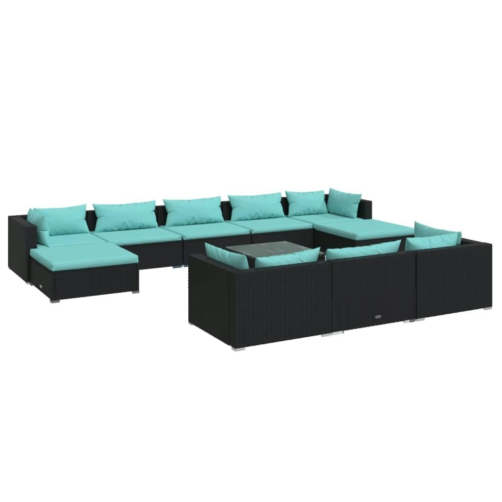 11 Piece Garden Lounge Set with Cushions Black Poly Rattan 3102049