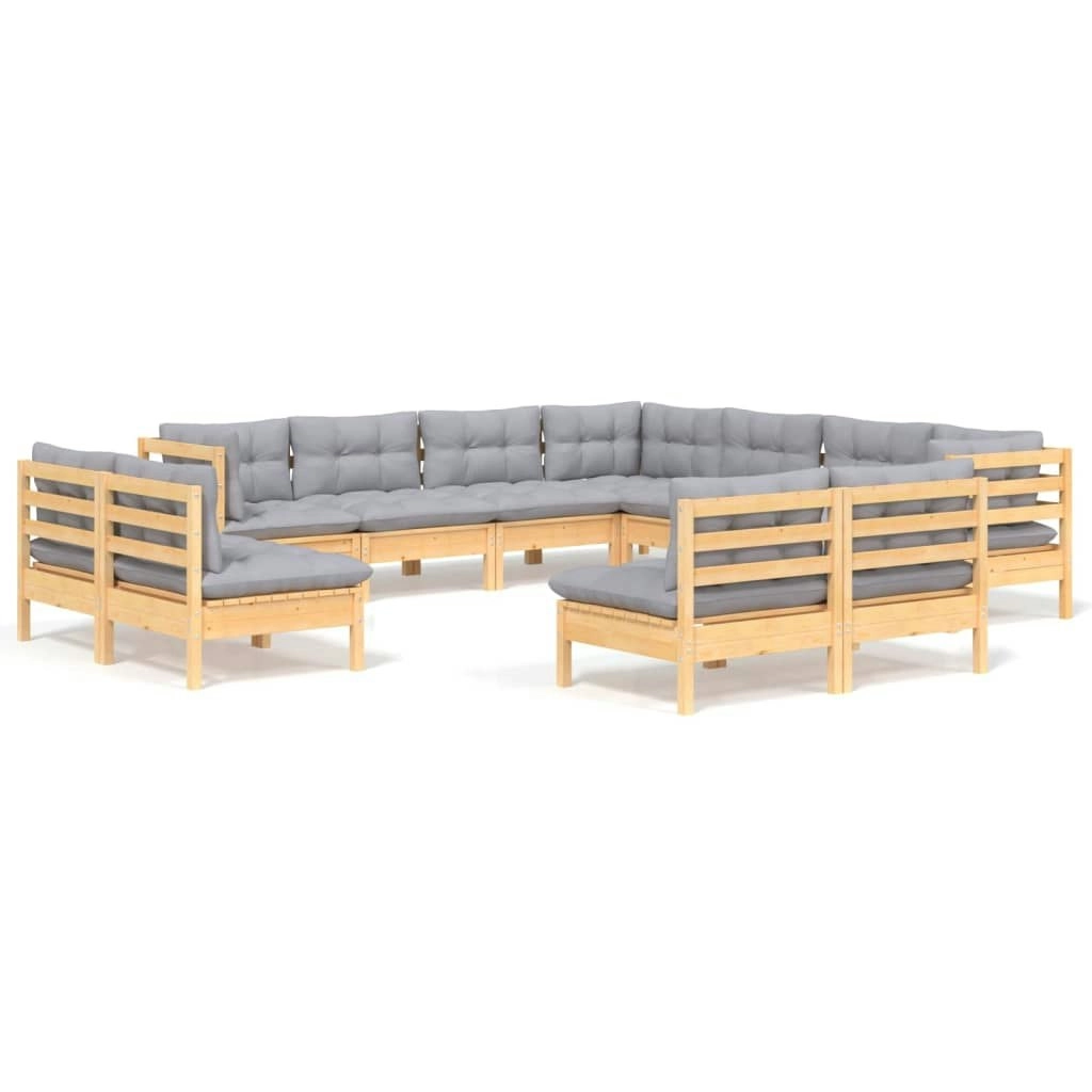 11 Piece Garden Lounge Set with Grey Cushions Solid Pinewood 3096862