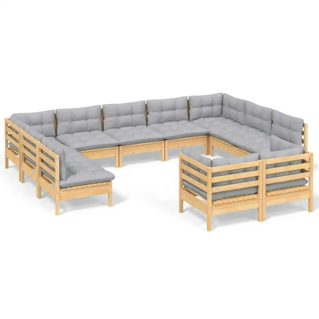 11 Piece Garden Lounge Set with Grey Cushions Solid Pinewood 3097258