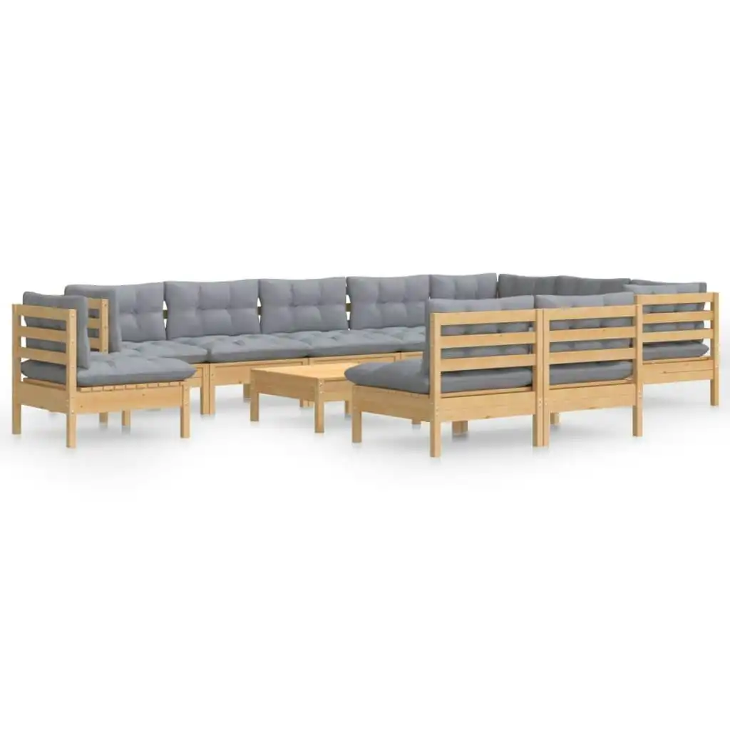 11 Piece Garden Lounge Set with Grey Cushions Solid Pinewood 3096760