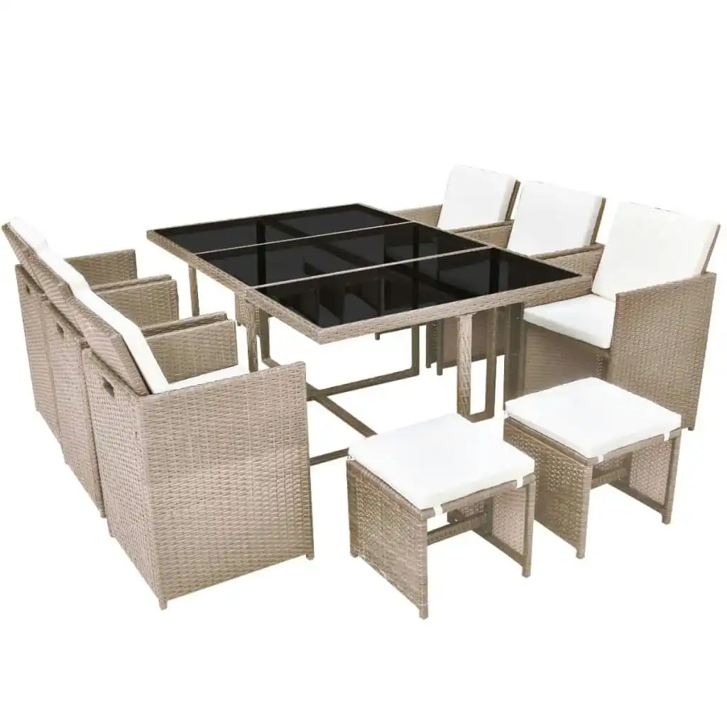 11 Piece Outdoor Dining Set with Cushions Poly Rattan Beige 42557