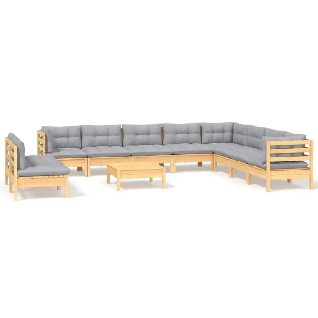 11 Piece Garden Lounge Set with Grey Cushions Solid Pinewood 3096844