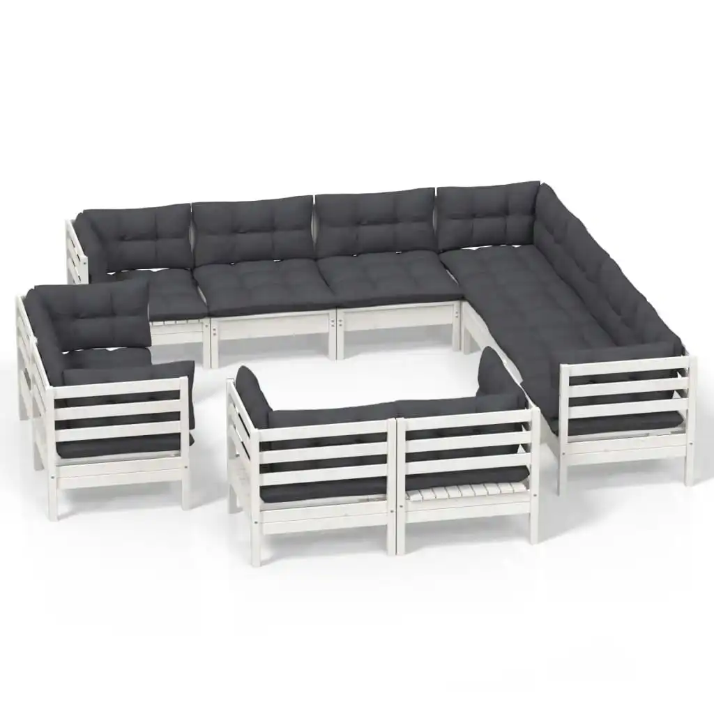 11 Piece Garden Lounge Set with Cushions White Solid Pinewood 3096936