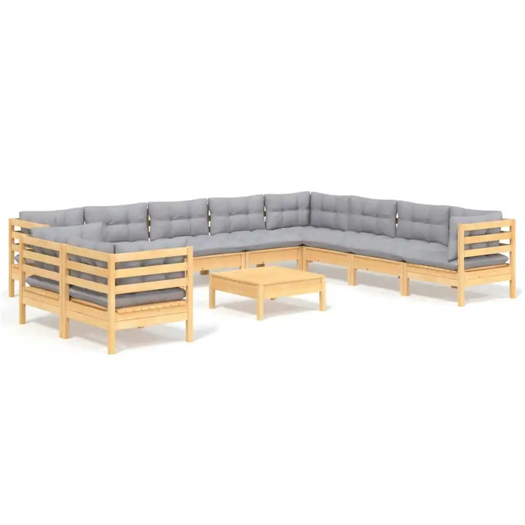 11 Piece Garden Lounge Set with Grey Cushions Solid Pinewood 3096916