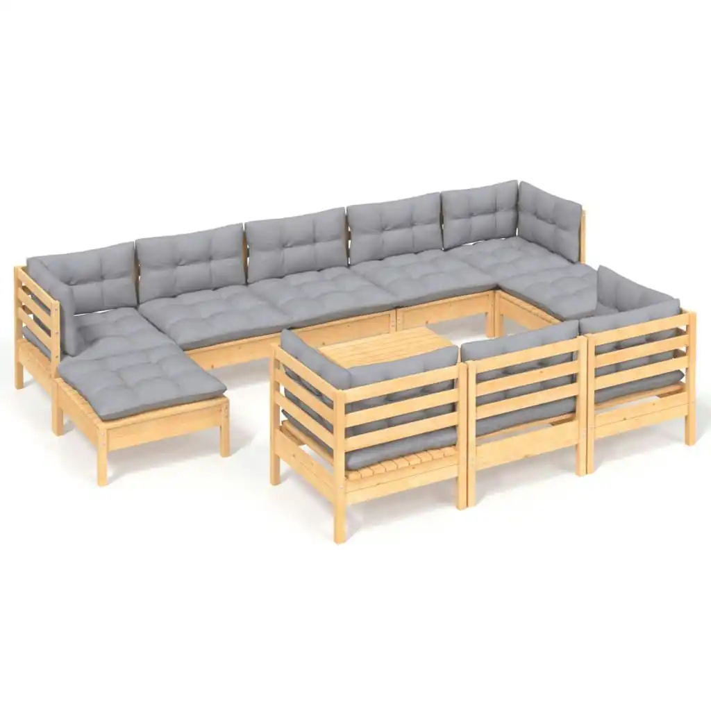 11 Piece Garden Lounge Set with Grey Cushions Solid Pinewood 3097144