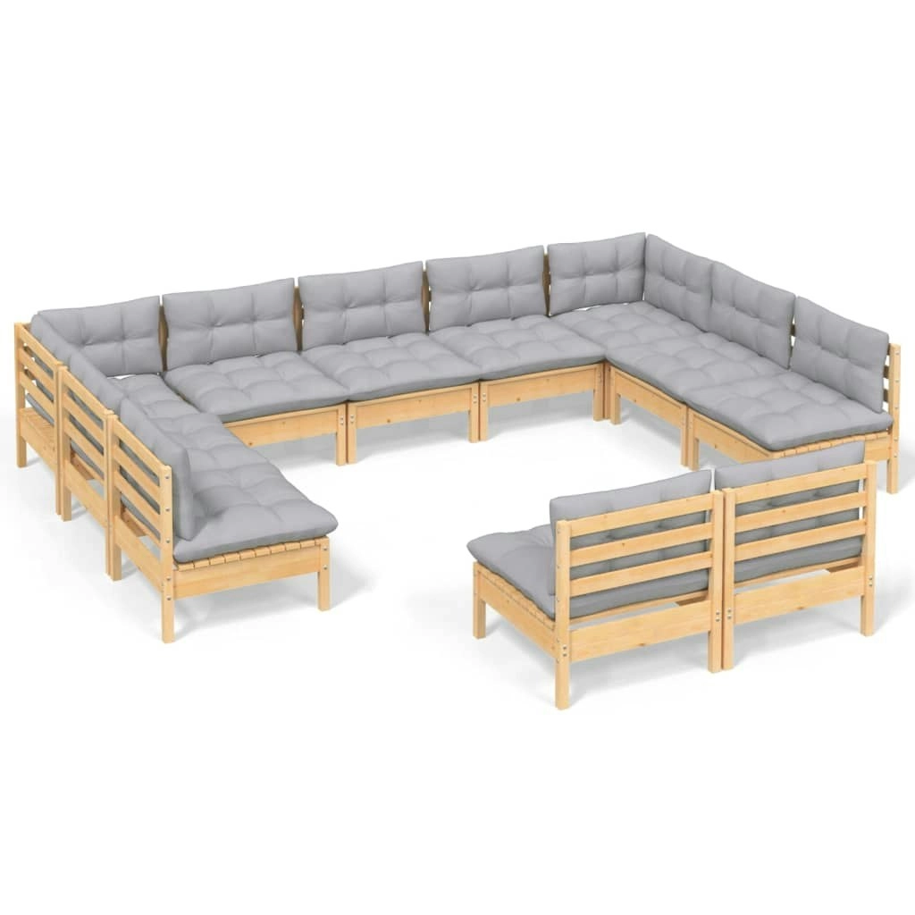 11 Piece Garden Lounge Set with Grey Cushions Solid Pinewood 3097210