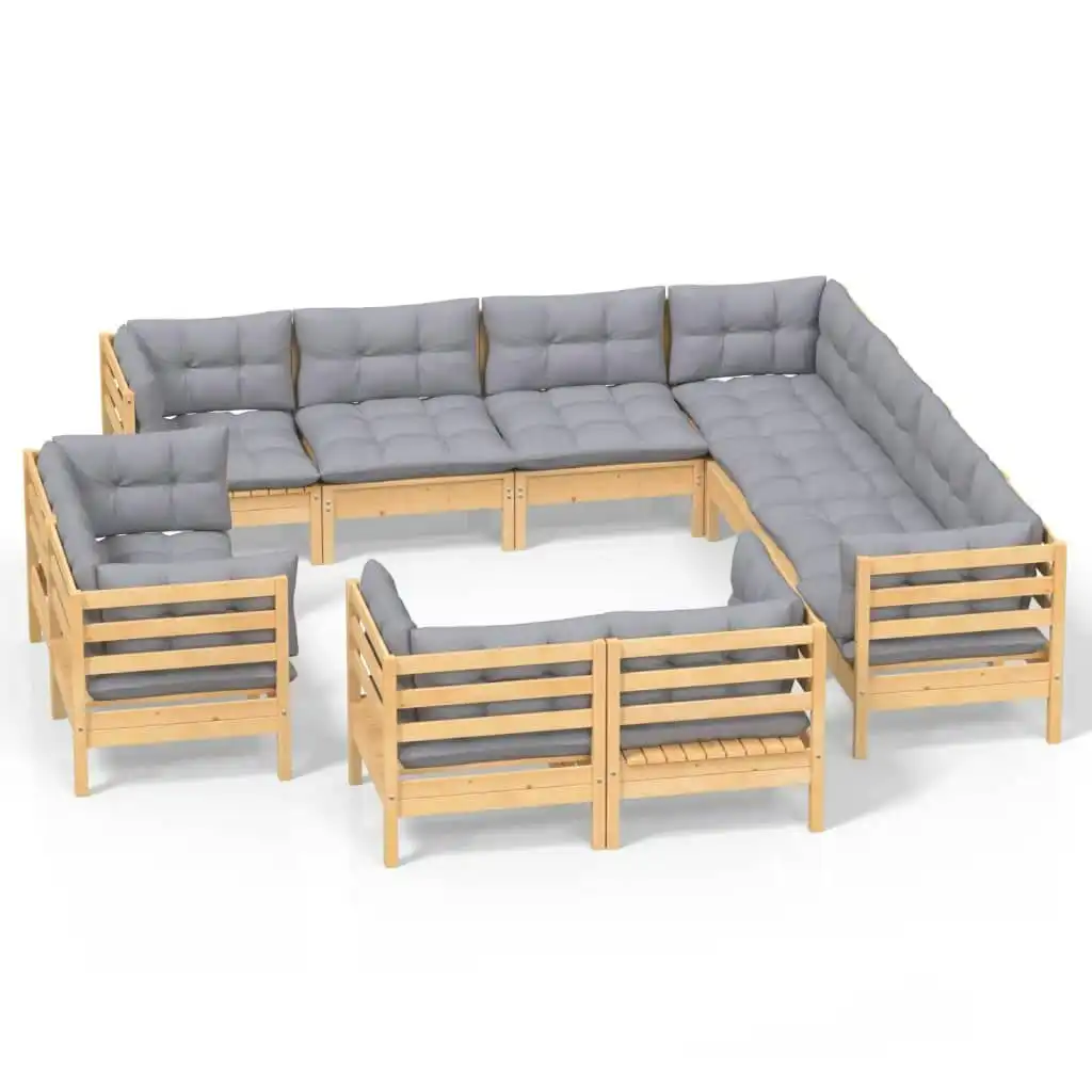 11 Piece Garden Lounge Set with Grey Cushions Solid Pinewood 3096934