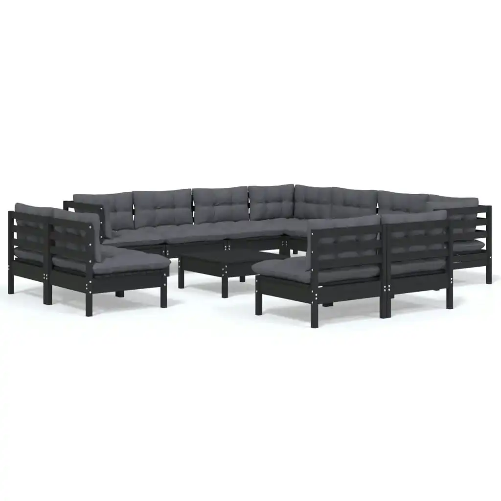 12 Piece Garden Lounge Set with Cushions Black Solid Pinewood 3096873