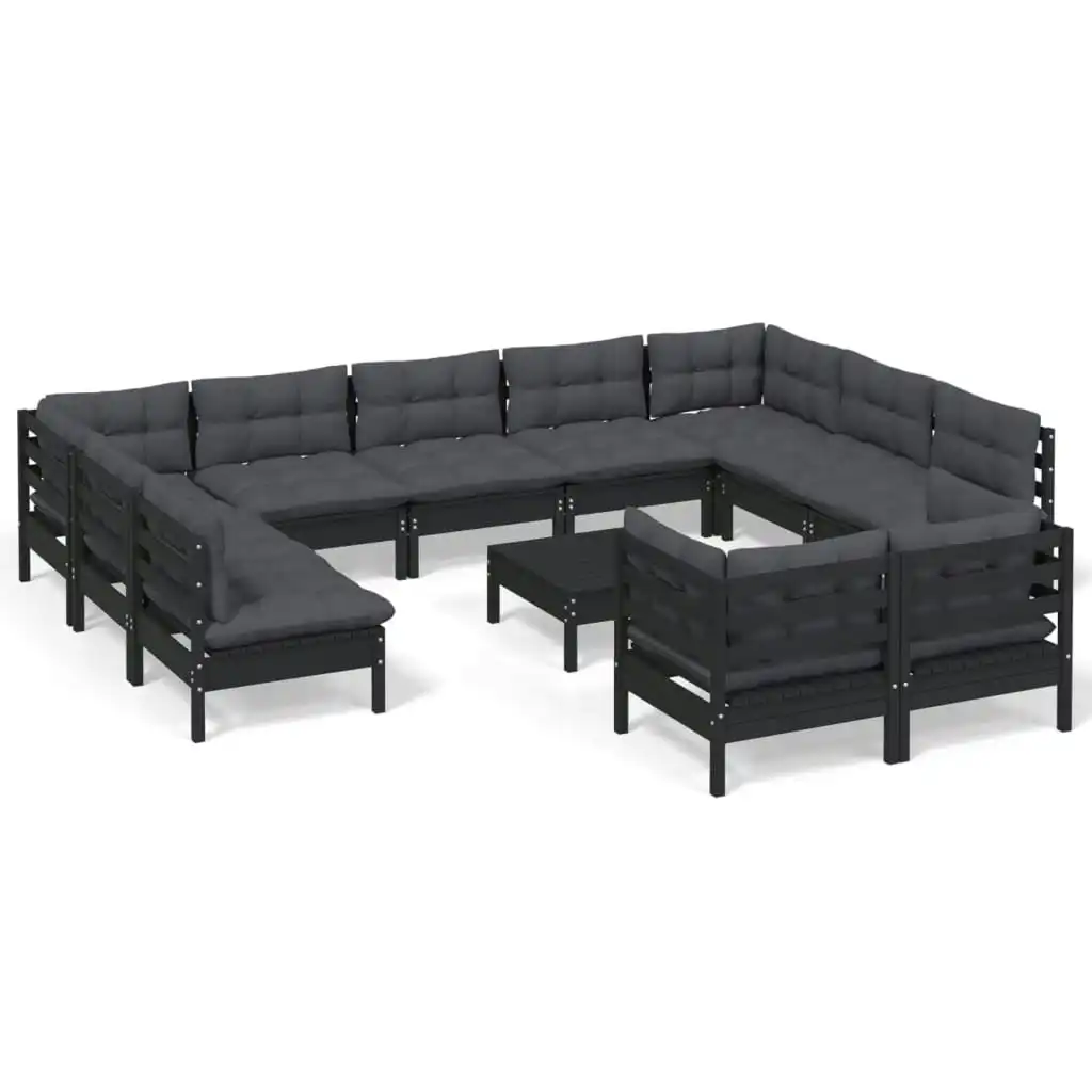 12 Piece Garden Lounge Set with Cushions Black Solid Pinewood 3097269