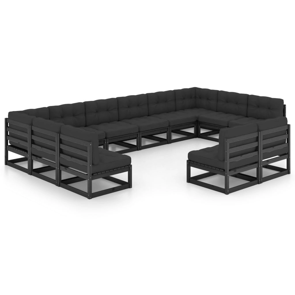 12 Piece Garden Lounge Set with Cushions Black Solid Pinewood 3077238