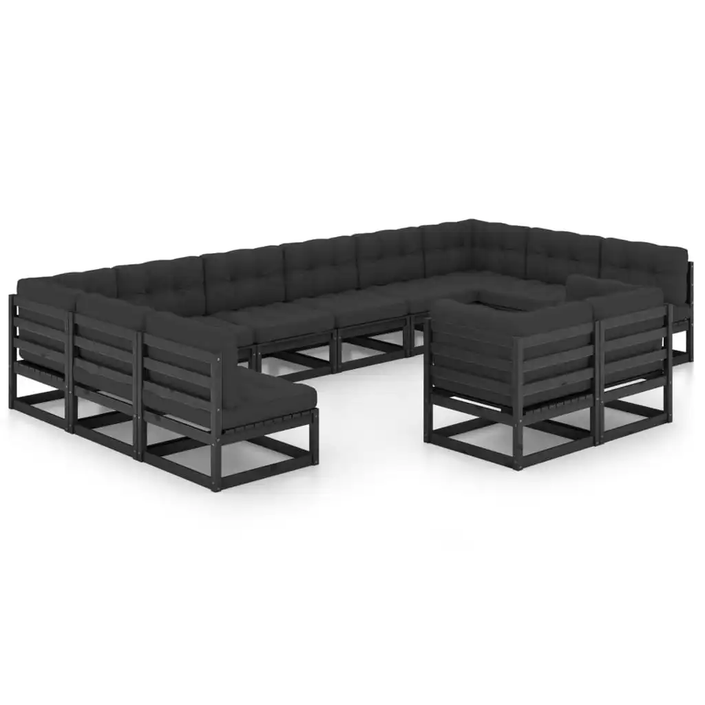 12 Piece Garden Lounge Set with Cushions Black Solid Pinewood 3077278