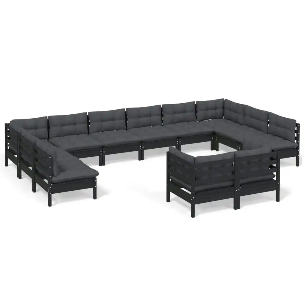 12 Piece Garden Lounge Set with Cushions Black Solid Pinewood 3097275