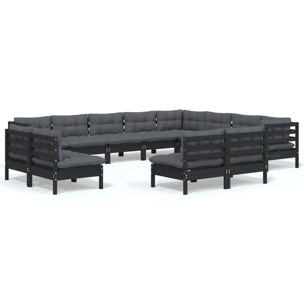 12 Piece Garden Lounge Set with Cushions Black Solid Pinewood 3096879