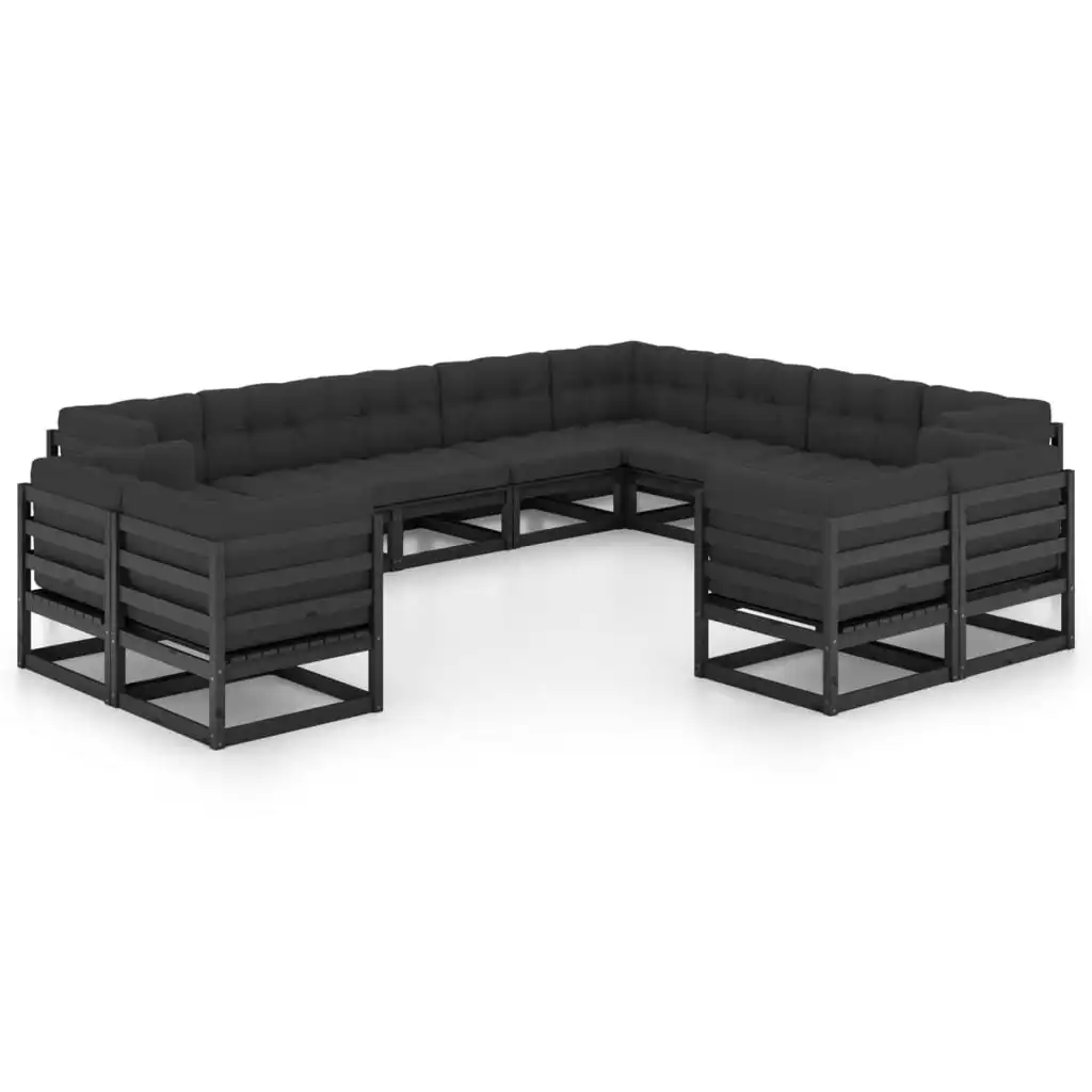 12 Piece Garden Lounge Set with Cushions Black Solid Pinewood 3077008