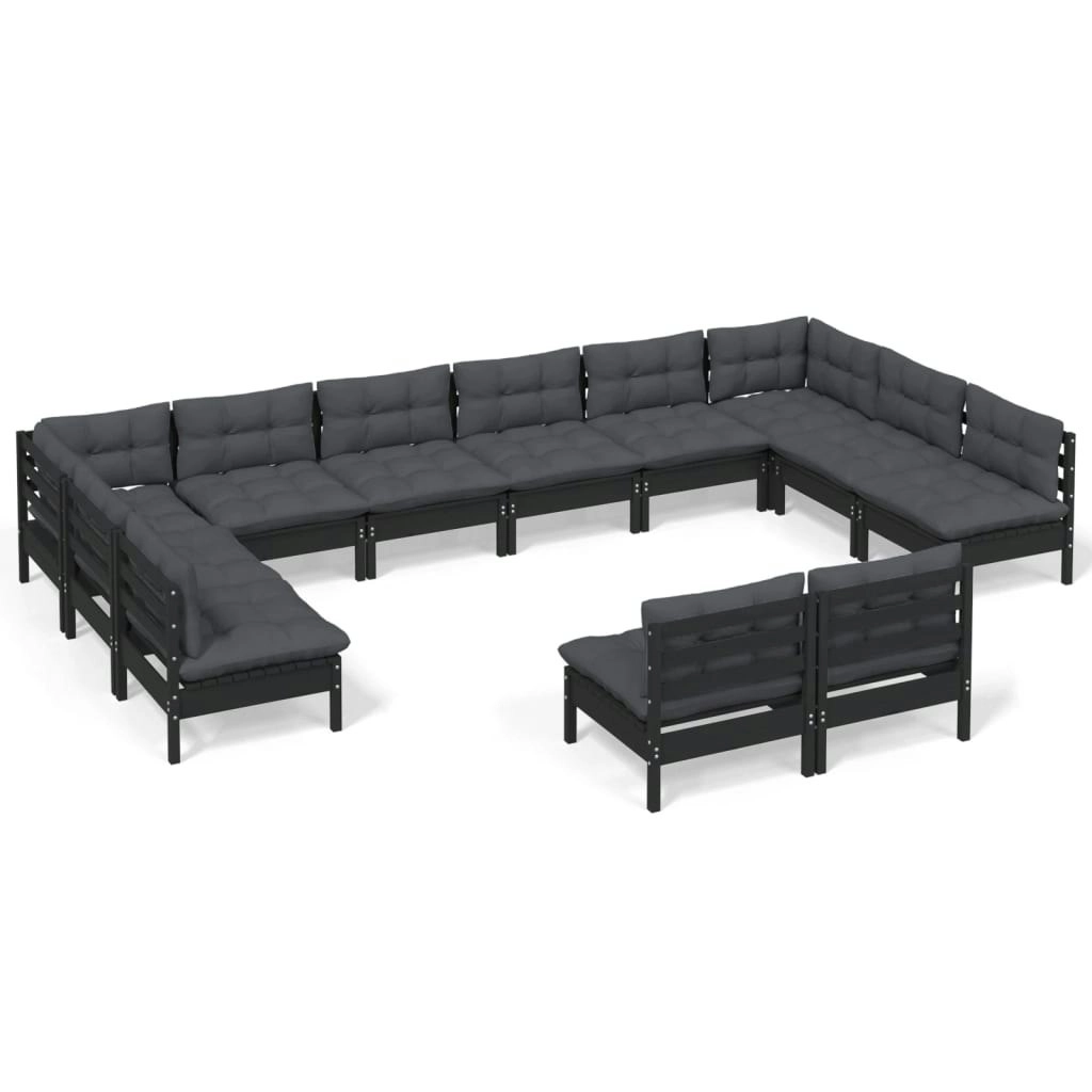 12 Piece Garden Lounge Set with Cushions Black Solid Pinewood 3097227