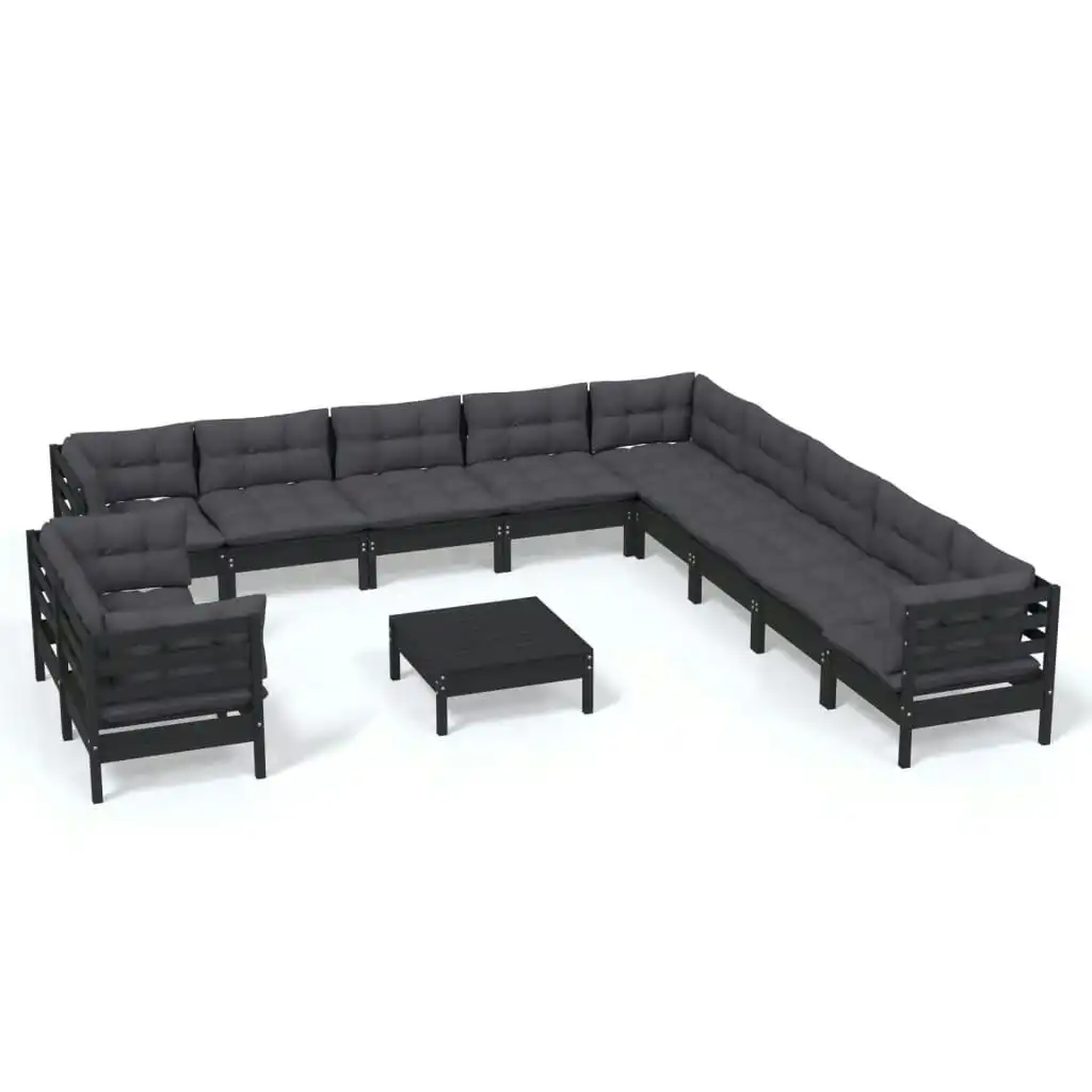 12 Piece Garden Lounge Set with Cushions Black Solid Pinewood 3096933