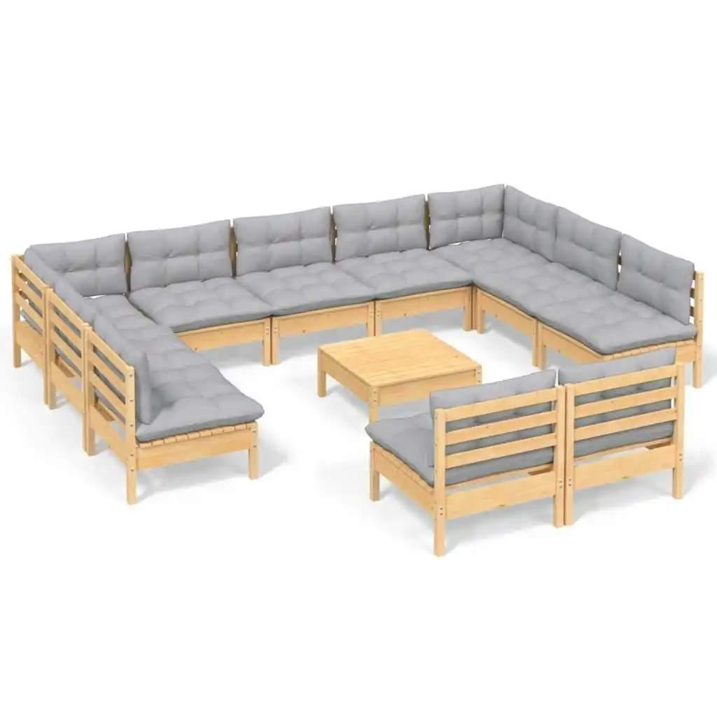 12 Piece Garden Lounge Set with Grey Cushions Solid Pinewood 3097216