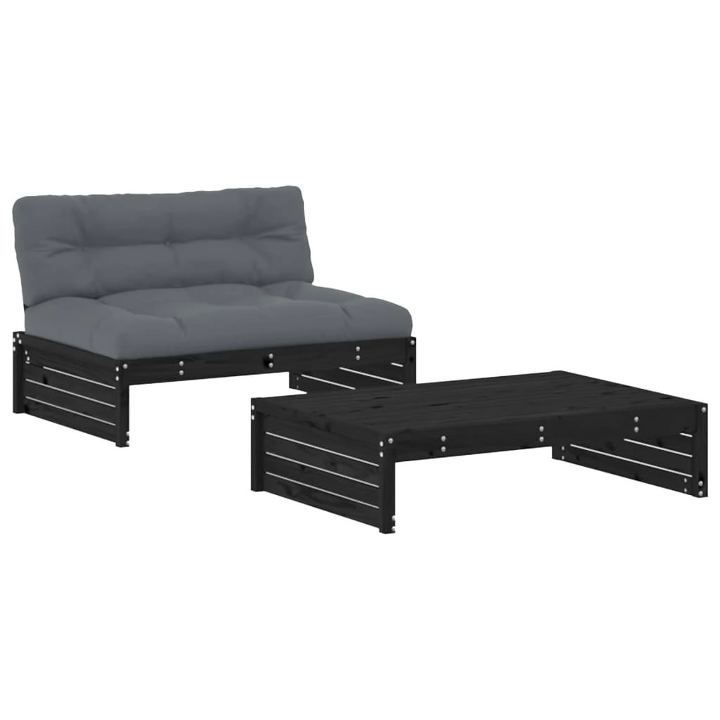 2 Piece Garden Lounge Set with Cushions Black Solid Wood 3186134